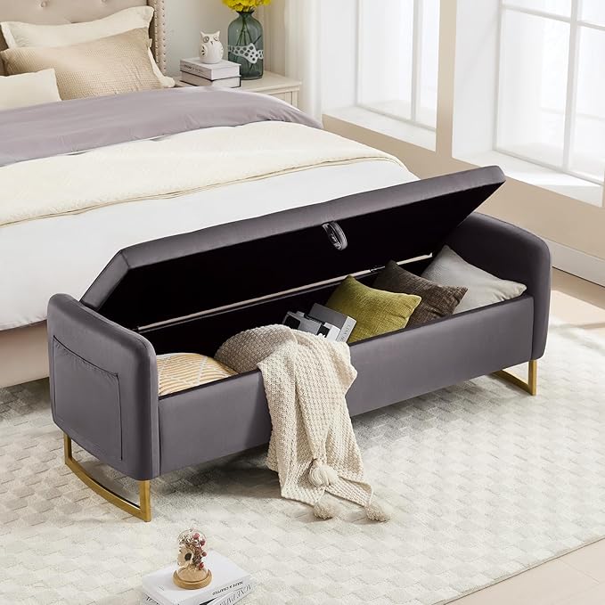 65" Storage Bench for Bedroom, Velvet End of Bed Bench, King Size Bed Benches for Foot with Tufted Button and Gold Legs, Upholstered Window Ottoman Benches with Armrests, Dark Grey