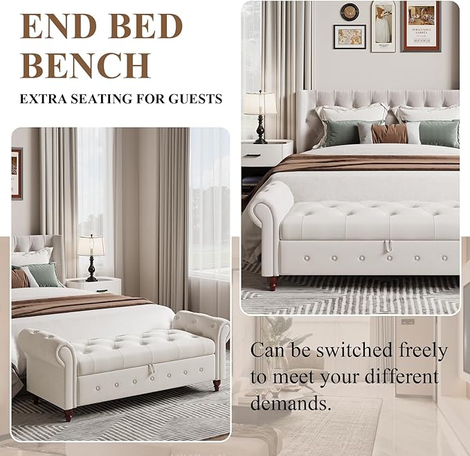 Modern 63'' Storage Ottoman Bench, Upholstered End Bed Bench with Curved Armrest, Button Tufted Entryway Bench with Wood Legs, Bed Bench for Bedroom, Living Room, Hallway (Beige)