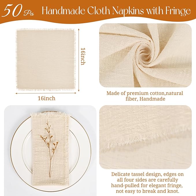 50 Pack Beige Napkins Cotton Linen Napkins Bulk 16 x 16 Inch Beige Cloth Napkins with Fringe Rustic Handmade Washable Dinner Napkins Cloth for Wedding Party Bridal Shower