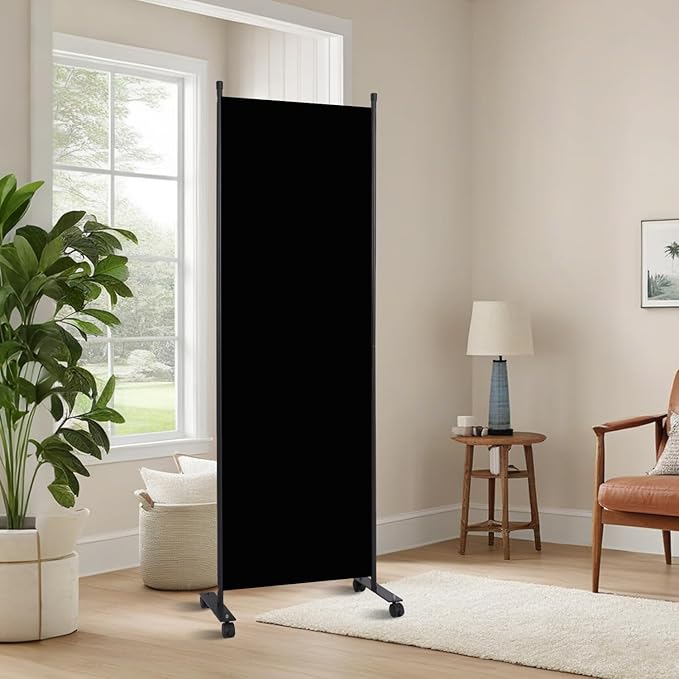 Room Divider 6FT Room Partition with Lockable Wheels, (Thicked Metal Base) Room Dividers, Freestanding Indoor Folding Privacy Screens, Portable Fabric Wall Divider for (Black, 21.5"- 1 Panel)