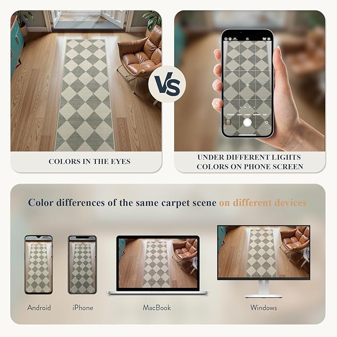 Beeiva Checkered Print Hallway Runner Rug Non Slip, Ultra Thin Washable Kitchen Runner Rug 2x6, Moroccan Neutral Green Soft Floor Carpet for Bedroom Laundry Room, Minimalist Diamond Hallway Decor