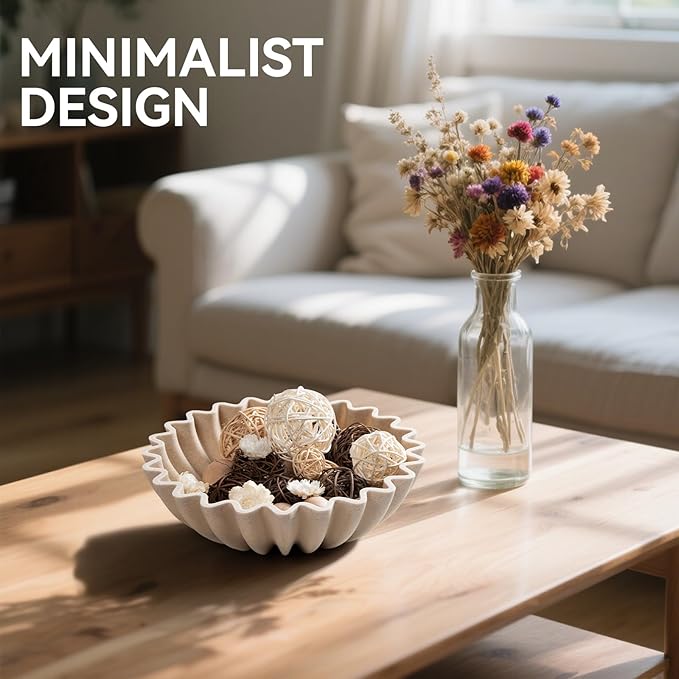 Large Decorative fruit bowl for Home Decor Modern Handicraft Key Bowl for Entryway Table Ruffle Centerpiece Stylish Purse Bowl for Kitchen Counter Coffee Table(Artificial Stone Beige)