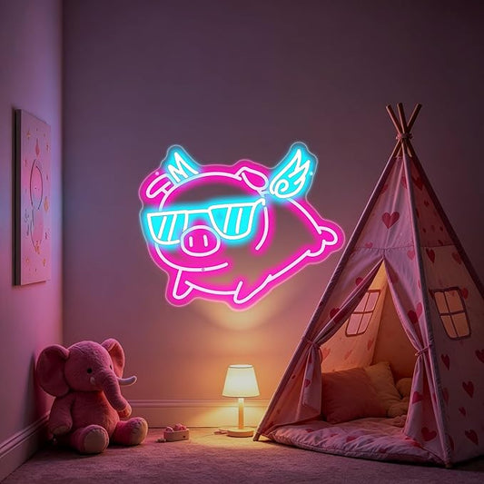 Pig Wings Flying LED Neon Sign, USB Powered Dimmable Whimsical Pig Neon Light for Bedroom, Game Room, Nursery, Cafe, Man Cave Bar, Farmhouse, Party and Animal Theme Wall Decoration, Pork Shop Wall Art-16.7" x 13.7"