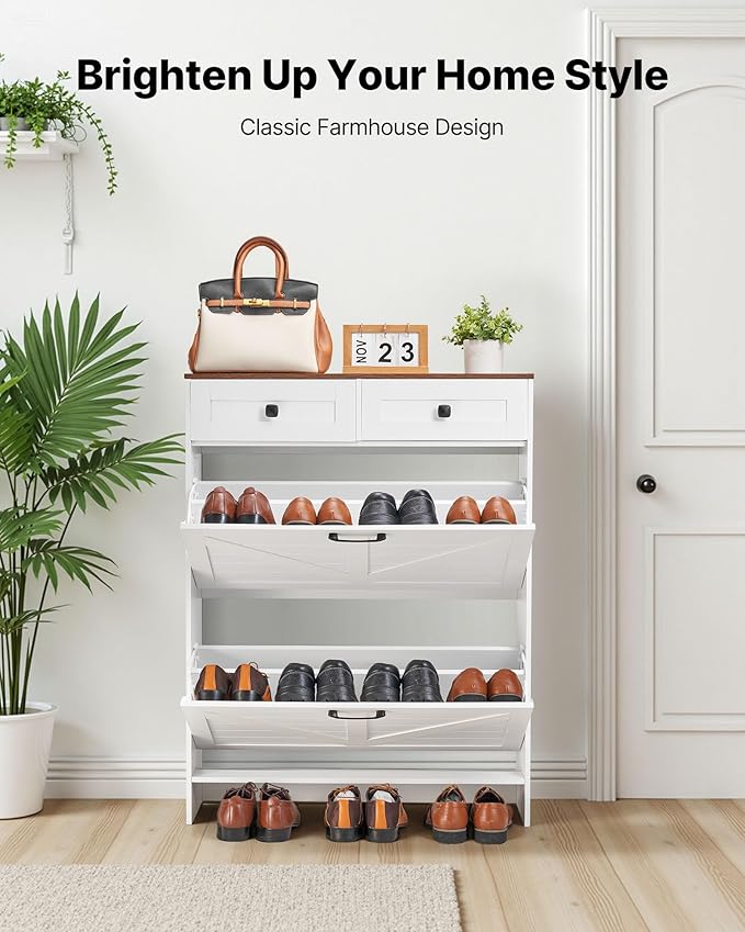 VEVOR Shoe Cabinet with 2 Flip Drawers, Farmhouse Shoes Storage Cabinet with 2 Drawers and Anti-Tipping Device, Freestanding Shoe Organizer Ideal for Entryway, Hallway, Bedroom, Living Room, White
