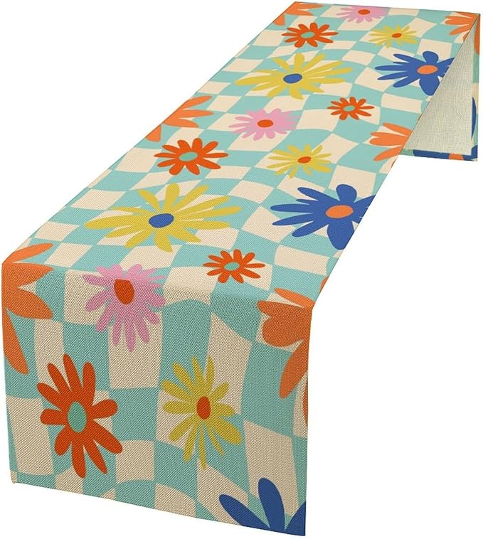 Retro Floral Checkered Table Runner Vintage Gardern Flowers Twisted Groovy Trendy Hippie Grid Farmhouse Country Dinner Runner for Home Kitchen Dining Table Party Holiday Decor 13"x36"