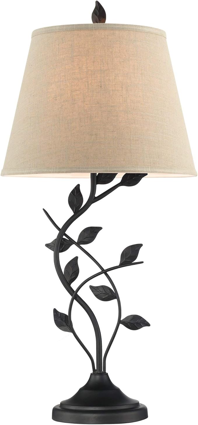 Kira Home Ambrose 31" Rustic Leaf Table Lamp with Beige Empire Fabric Shade, Traditional Black Vine Table Light with 7W LED Bulb, Matte Black Finish