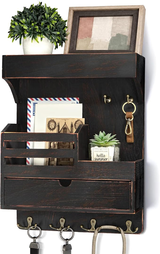 Rebee Vision Pine Wood Key Holder Wall Mount with Drawer Organizer - Farmhouse Key Holder for Wall with 6 Sturdy Hooks & Floating Shelf - Ideal Mail Organizer for Home Decor (Distressed Black)