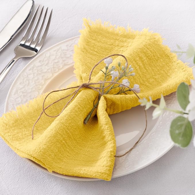 Socomi Set of 6 Linen Napkins Yellow Easter Spring Cloth Napkins Washable Cotton Dinner Napkins Fringe 17"x17" for Wedding Party Bridal Baby Shower Birthday Table Decorations