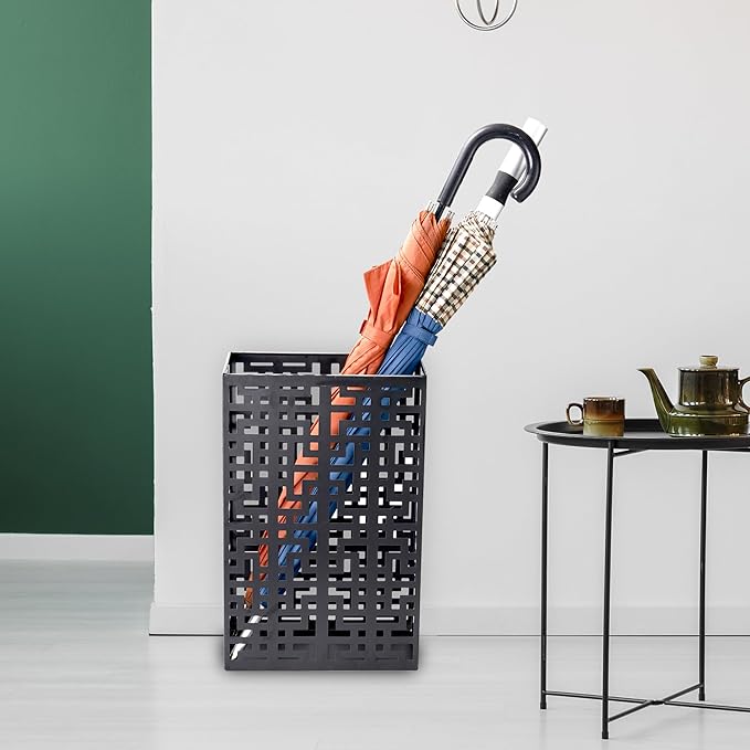 BEWBBAT Umbrella Stand Rack for Entryway, Hollow Metal Holder, FreeStanding Storage Bin for Long Umbrellas, Holds 6-7, Black