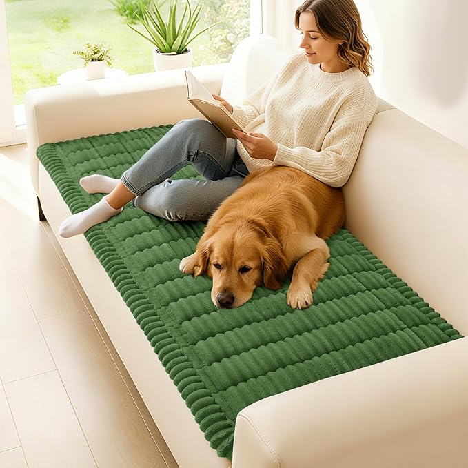 hyha Couch Cover for Dogs Washable, Non Slip Thick Flannel Sofa Protector, Pet Friendly Plush Furniture Cover for Sectional Sofa & Loveseat (Olive Green, 27.6" x 27.6")