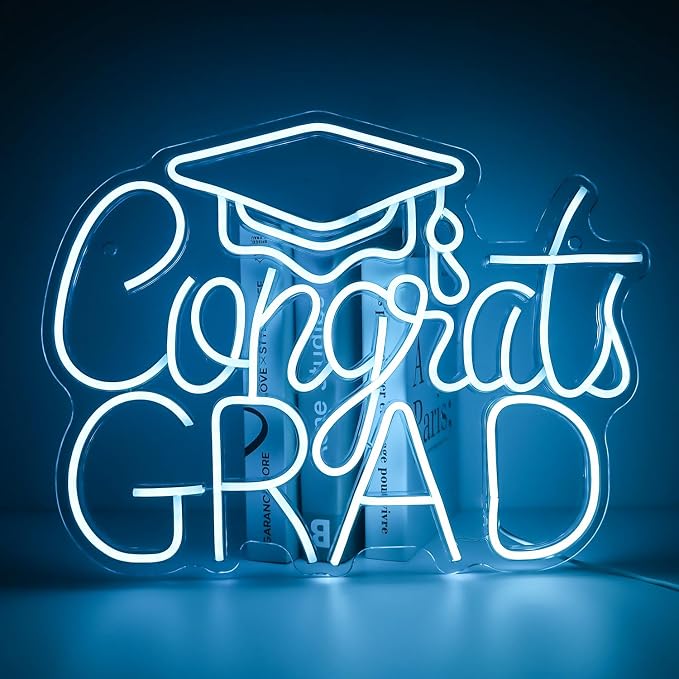 “Congrats Grad” Ice Blue Neon Sign – 16.5×12.6 in Unique Aqua-Tone LED Light for Med School & Engineering Grads, Dimmable with Wired Controller, Includes Wall Anchors – Class of 2026
