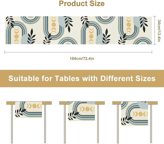 YCness Boho Mid Century Abstract Table Runner Modern Sun Moon Phase Minimalist Aesthetic Leaves Arch Geometric Blue Grey Table Runner for Dining Party Table Decor, 13x70 Inch