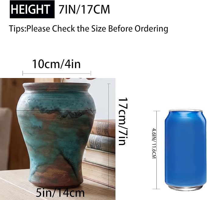 Rustic Ceramic Flower Vase for Home Decor, Handmade Vintage Stoneware Clay Pottery Terracotta Textured for Modern Farmhouse, Living Room, Office Desk Table Shelf 6.7IN (Teal Brown)