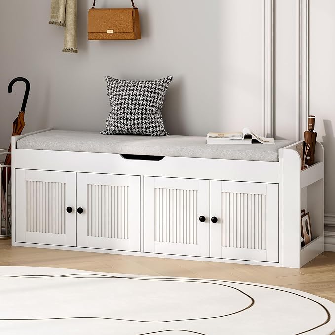47.2" Storage Bench - Entryway Shoe Bench with Side Storage Shelves and 4 Doors, Multifunctional Entryway Bench with Lift Top Cushion, Shoe Storage Bench for Bedroom, Living Room, White