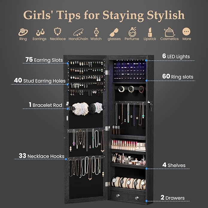 DUMOS 6 LEDs Mirror Jewelry Cabinet, Wall or Door Mounted Jewelry Organizer, 47.2-Inch Tall Lockable Large Capacity Cosmetic Storage, Gift Idea