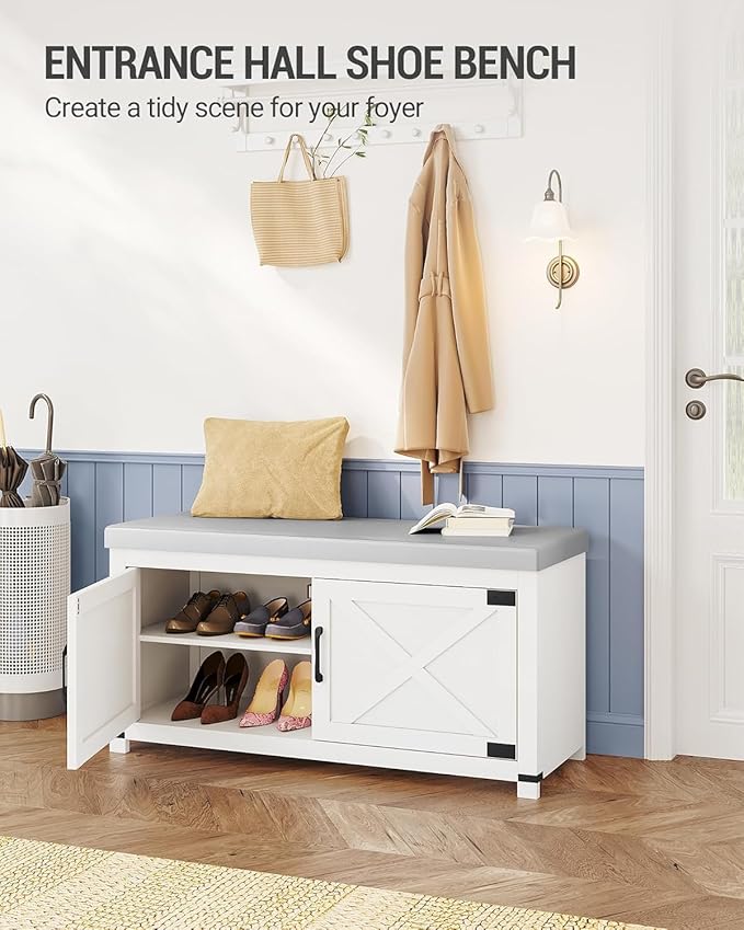 Hzuaneri Shoe Storage Bench, 2 Tier Shoe Bench with Padded Seat Cushion & 2 Barn Doors, Entryway Bench with Adjustable Shelf, Farmhouse Shoe Cabinet for Living Room, Bedroom, White SB26603GY