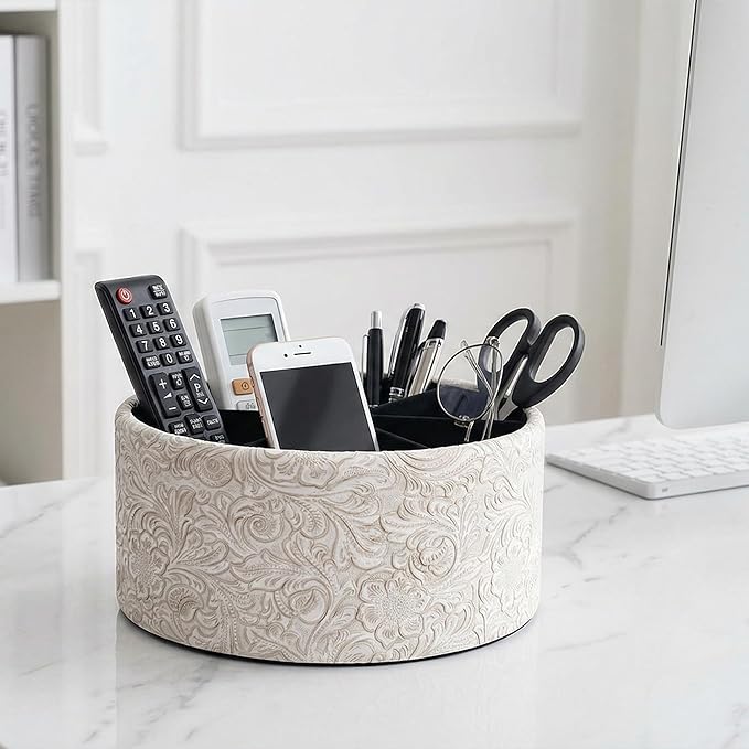 lizimandu Remote Control Holder, 360°Spinning PU Leather Desk TV Remote Caddy,Desk Storage Box Room Accessories for Controller, Media,Mail,Calculator, Mobile Phone,Pencil(1B-Carved3 White)
