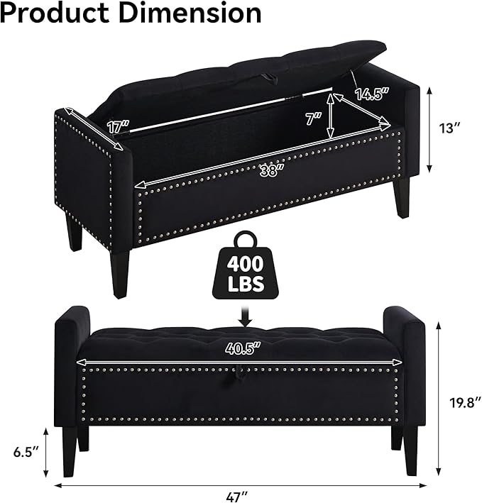 WUTUTUEE 47" Velvet Storage Bench, Upholstered Bed Bench with Storage, End of Bed Ottoman with Wooden Legs,Bedside Storage Bench for Bedroom, Living Room, or Entryway, Black