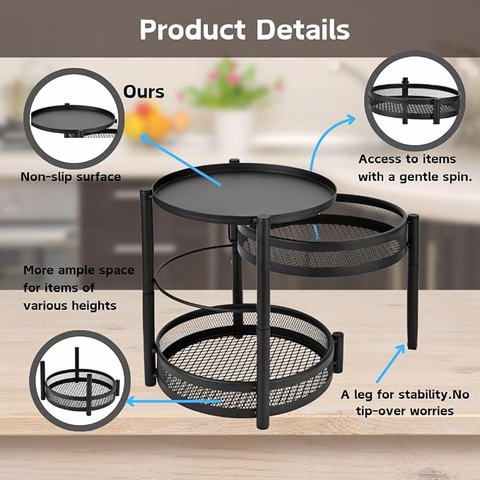 IBERG 3 Tier Countertop Organizer with Rotating Storage Tier (Black)