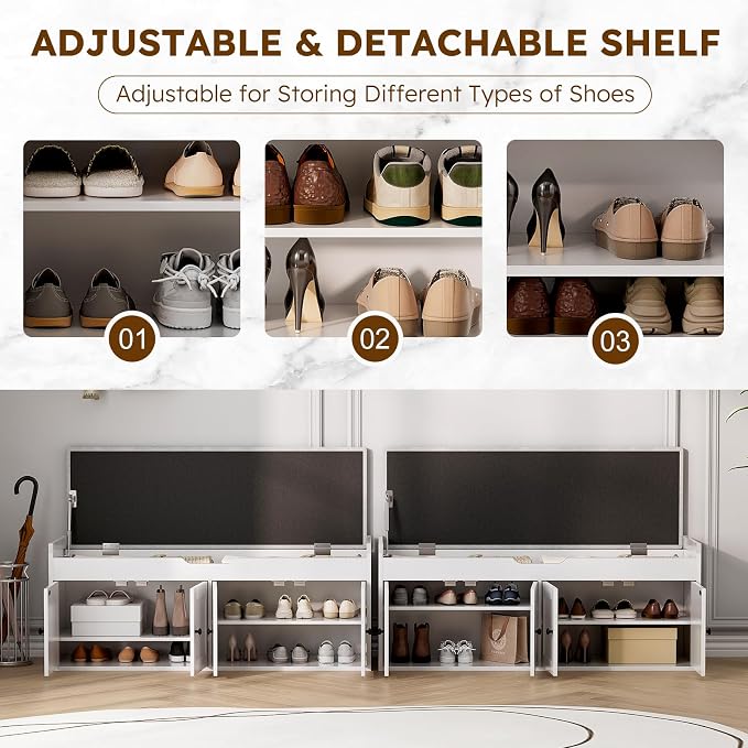 47.2" Storage Bench - Entryway Shoe Bench with 4 Doors and Top Storage Area, Multifunctional Entryway Bench with Lift Top Cushion, Shoe Storage Bench for Bedroom, Living Room, White