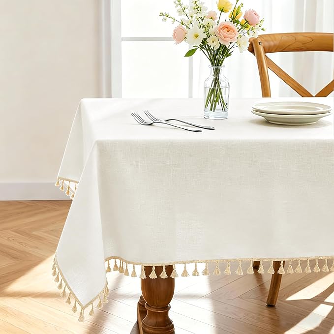 Alsoo Table Cloth Rectangle Table 55" x 90" Linen Look Texture Cotton Tablecloth Waterproof Wrinkle Free Heavy Duty Tables Cover with Tassel for Kitchen Dining Holiday Party, Ivory