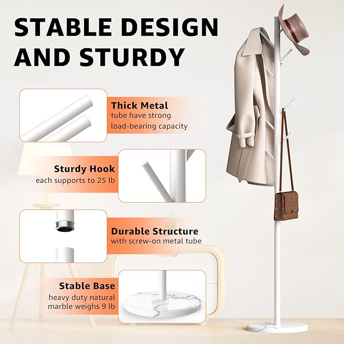 HzTinT Coat Rack with Natural Marble Base, Metal Freestanding Coat Rack with 8 Hooks, 3 Adjustable Size Sturdy Coat Tree for Bags, Coats, and Hats for Entryway, Hallway, Bedroom, Office, White