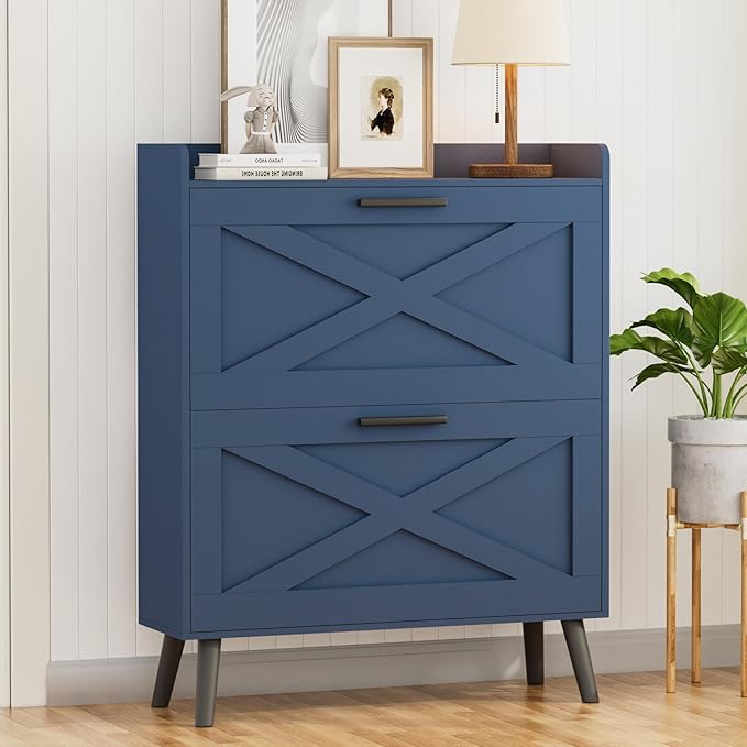 Homleke 32" W Farmhouse Shoe Storage Cabinet with 2 Flip Drawers and Barn Door Design, Adjustable Shelves, Modern Hidden Slim Narrow Shoe Rack Cabinet for Entryway, Foyer, Hallway, Living Room, Blue