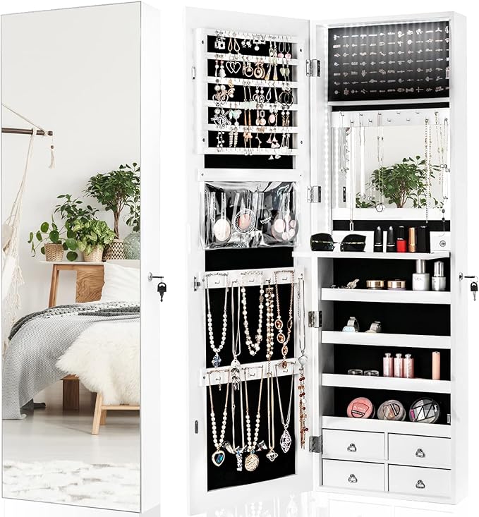 CHARMAID LED Strip Jewelry Armoire with 47.2" H Full Length Mirror, Wall/Door Mounted Jewelry Organizer with Built-in Mirror, Flip-over Cosmetic Tray, 4 Drawers, Large Storage Jewelry Cabinet (White)