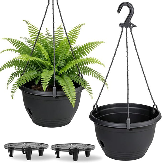2 Pack 8 Inch Self-Watering Hanging Planters, Dual-Use Plastic Flower Pots with Water Storage and Drainage, Indoor Outdoor Plant Containers for Herbs, Spider Plants, Pothos (Grey)