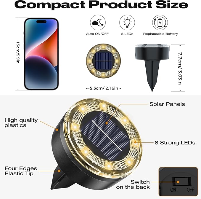 vighep Mini Solar Ground Lights, 4 Pack Solar Lights Outdoor Waterproof, Upgraded LED Flat Landscape Lighting for Outside Pathway Garden Patio Yard Driveway, Warm White