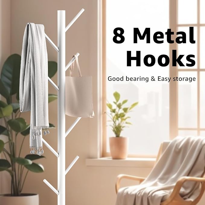 HzTinT Coat Rack with Natural Marble Base, Metal Freestanding Coat Rack with 8 Hooks, 3 Adjustable Size Sturdy Coat Tree for Bags, Coats, and Hats for Entryway, Hallway, Bedroom, Office, White