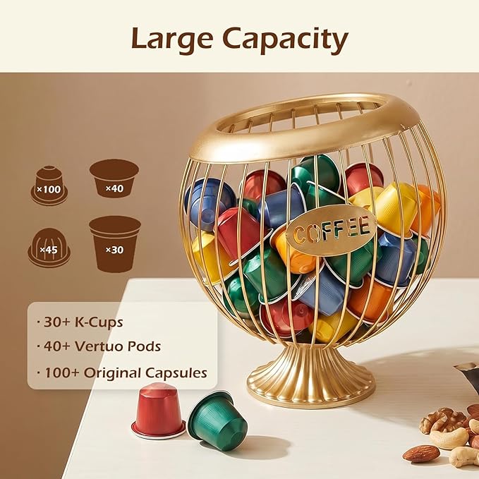 SpaceTime Coffee Pod Holder with Slanted Wide-Open Design,Large Capacity Metal Iron Coffee Capsule Organizer for Countertop,Coffee Pod Basket for Standard Coffee Pods Fruit Snack Storage (Gold)