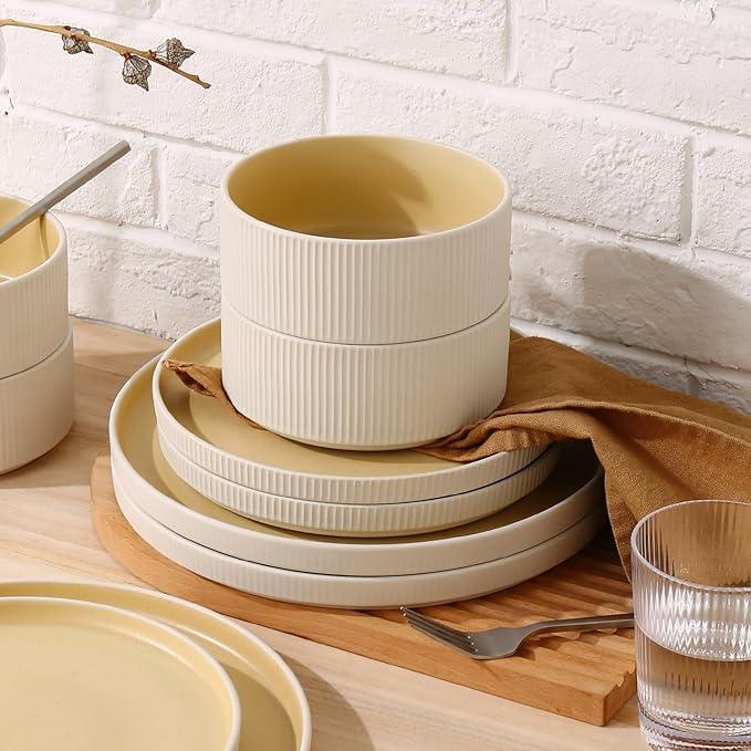 MONITO Ceramic Dinnerware Sets for 6, 18PCS Stoneware Plates and Bowls Sets, Reactive Glaze Dish Set, Chip and Scratch Resistant Double, Microwave and Dishwasher Safe, White Orange