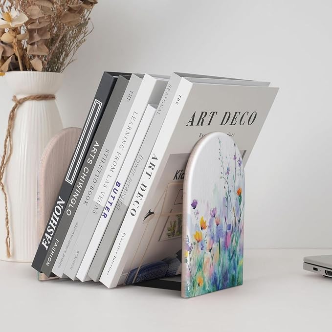 Blue Spring Flowers 2 Pack Decorative Bookends 6.7x4.2 in, Watercolor Leaves Book Ends for Home Office Library Shelves Decor Room Kitchen Desktop