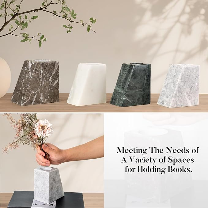Marble Bookends Decor, Unique Vase Book Ends for Shelves, Natural Stone Book Stopper for Home, Kitchen and Office Decoration (Grigio)