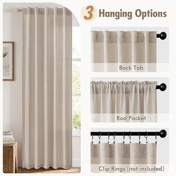 MIULEE Faux Linen Curtains 63 Inch Length 2 Panels Natural Semi Sheer Curtain with Back Tab Rod Pocket, Light Filtering Window Privacy Burlap Drapes for Living Room Bedroom 42W x 63L Linen