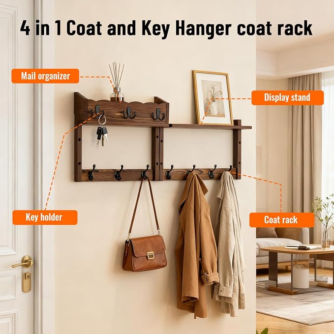 28" Coat Rack Wall Mount with Shelf, Entryway Wall Mounted Coat Rack Wood Wall Coat Hooks with 7 Hooks 3 Key Hanger, Key Holder Wall Mount Mail Holder for Living Room, Bedroom