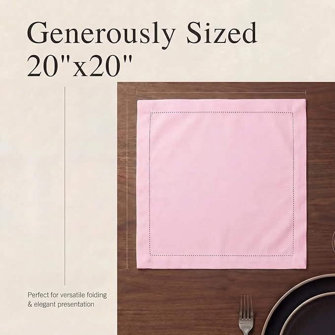 Urban Villa Cloth Napkins 100% Cotton Highly Absorbent Washable Reusable Premium Dinner Napkins Ideal for Gifts for Mothers Day Hotel Farmhouse Parties - Pink - Hemstitch (20" x 20", Set of 12)