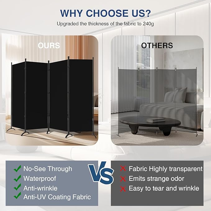 4 Panel Black Room Divider - 6ft Folding Privacy Screen with Steel Frame & Fabric, Freestanding Partition for Home & Office Separation