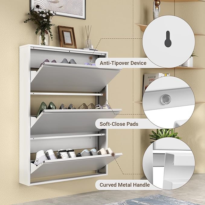 Metal Shoe Cabinet with 3 Flip Drawers, Slim Wall Mounted Steel Shoe Storage Organizer for Entryway, Hallway and Mudroom, White