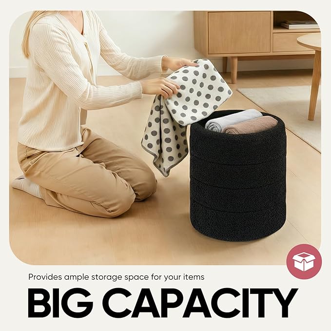 14.5" Round Storage Ottoman,Boucle Sherpa Ottoman with Tray, Faux Teddy Foot Rest Coffee Table for Bedroom Dorm Living Room,Black
