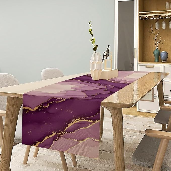 Purple Table Runner, Gradient Lavender Gold Textured Ink Painting Table Runner for Kitchen Dining Cafe Party Wedding Decor, 13x60 Inch