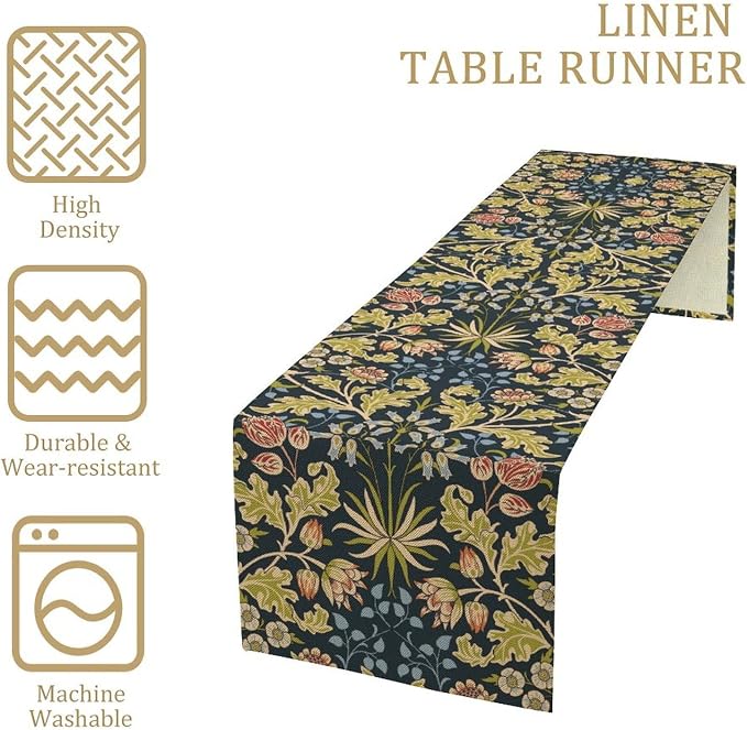 Vintage Floral Table Runner, William Morris Colorful Boho Watercolor Flower Retro Botanical Plant Dinner Runner for Home Kitchen Dining Table Decoration 13x70 Inch