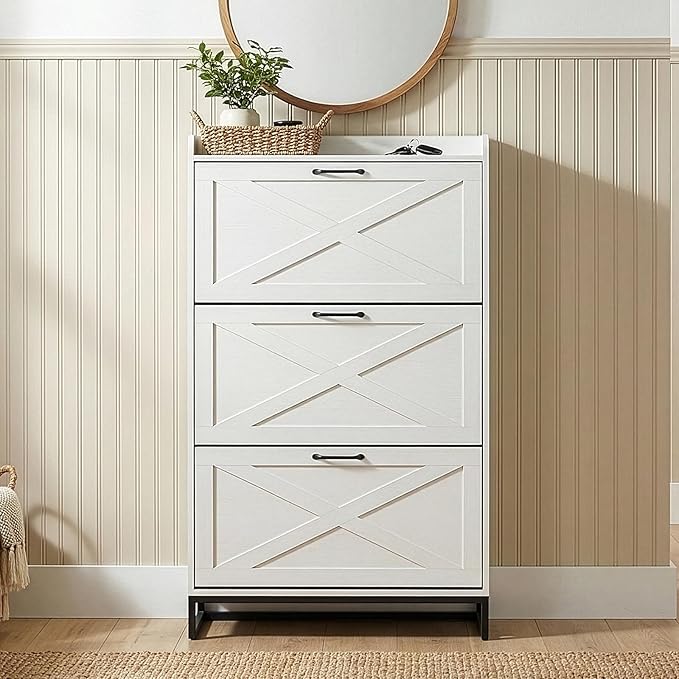 VINGLI Tall Farmhouse Shoe Cabinet with 3 Flip Drawers, Slim Entryway Shoe Storage Organizer with Metal Legs, Narrow Free Standing Wood Shoe Rack for 24 Pairs, Washed White (55" H)