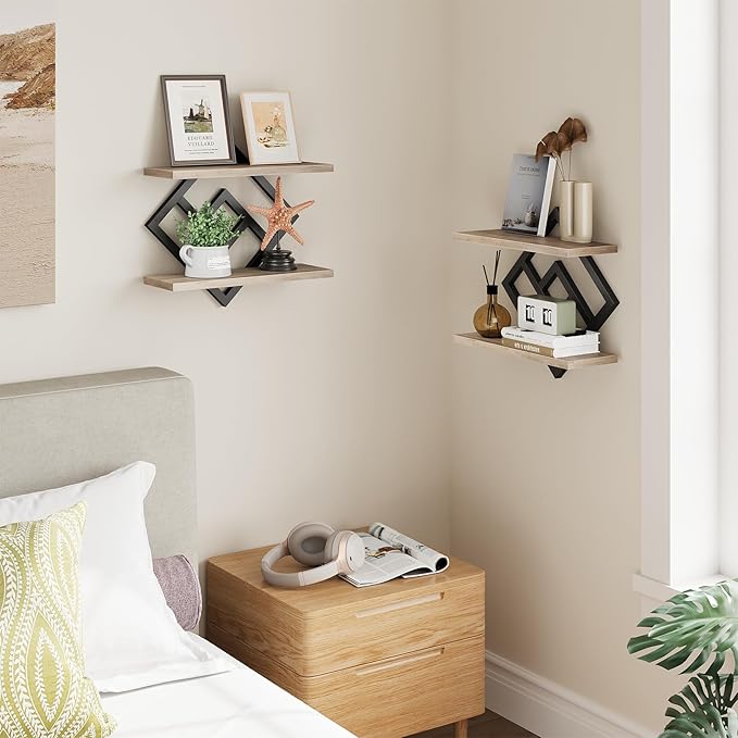 ELYKEN Floating Shelves for Wall, Set of 2 Hanging Shelves, 2-Tier Wall Mounted Storage Shelves for Books & Decor, Perfect for Living Room, Bedroom, Kitchen, Home Office, Study, Greige