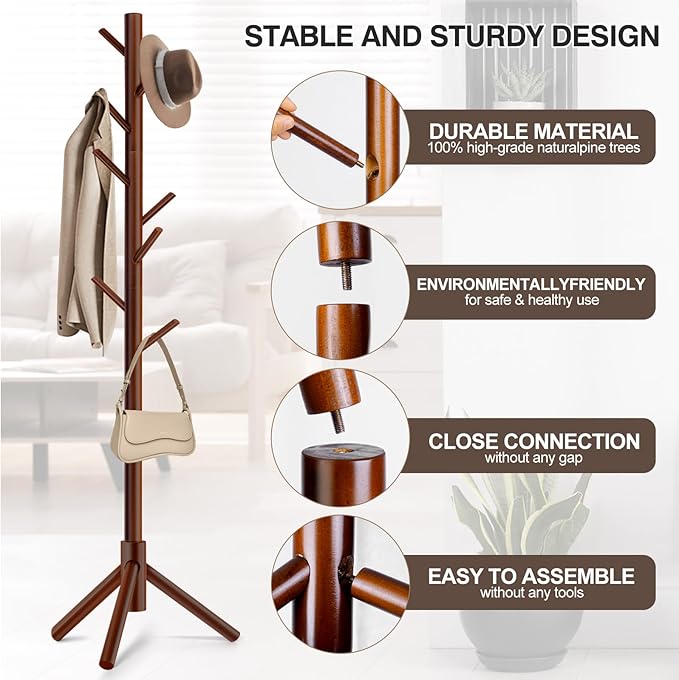 WANGMUXIA 2 PCS Coat Rack, Freestanding Coat Rack with 8 Hooks and 3 Adjustable Size Tree Coat Racks for Bedroom, Hallway, Entrance, Office, for Hats, Coats, Scarves, Handbags