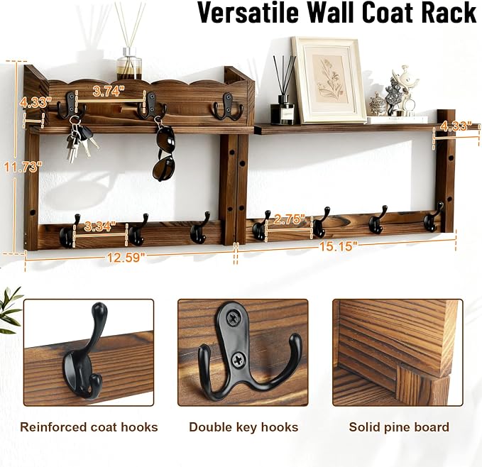 28" Coat Rack Wall Mount with Shelf, Entryway Wall Mounted Coat Rack Wood Wall Coat Hooks with 7 Hooks 3 Key Hanger, Key Holder Wall Mount Mail Holder for Living Room, Bedroom