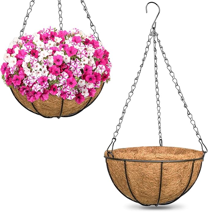 ZeeDix Outdoor Hanging Baskets, 2 Pack 12 Inch Metal Round Wire Hanging Planter with Coconut Liners Replacement, Hanging Flower Pots for Outdoor Plants Flowers
