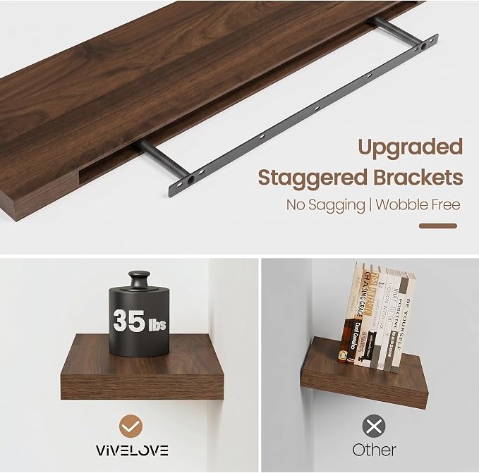 Vivelove Walnut Floating Shelves for wall, 24 Inch Wall Display Shelves with Invisible Brackets, for Bathroom Living Room Kitchen Bedroom Office Farmhouse Home Decor, 24X9.3X1.5 - Set of 2, Walnut