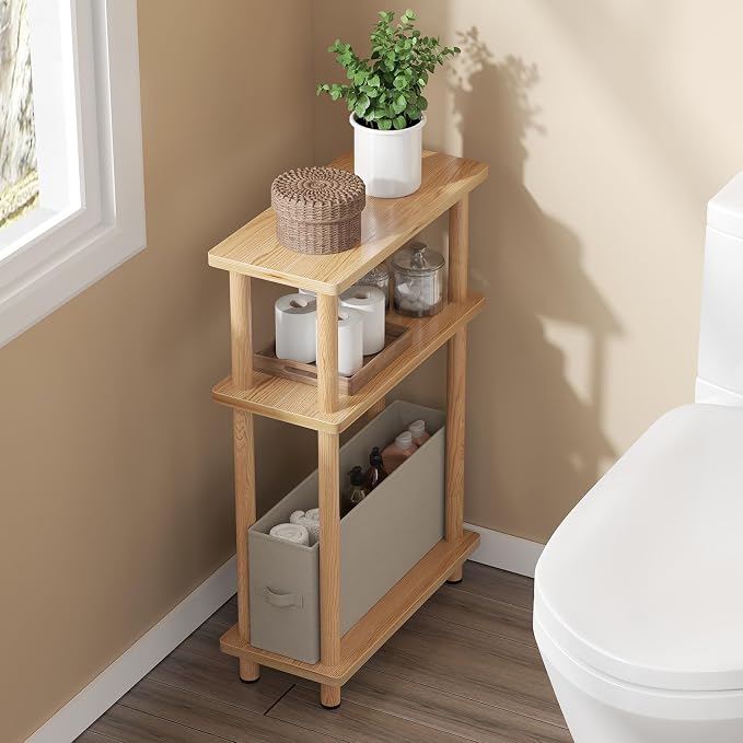 Apicizon Small Narrow Side Table, 3-Tier Skinny End Table for Small Spaces, Slim Nightstand with Fabric Basket, Bedside Table for Living Room, Bedroom, Natural